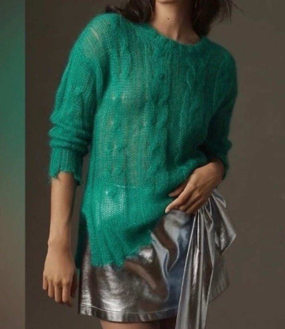 Anthropologie Posey Stitchy Distressed Cable Knit Wool Sweater Womens Large Teal